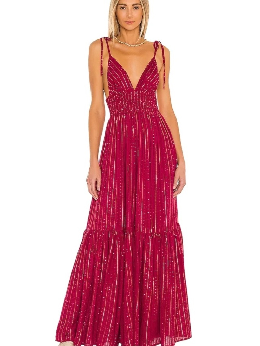 REVOLVE Raspberry Red Tie-Shoulder Plunge Maxi Dress